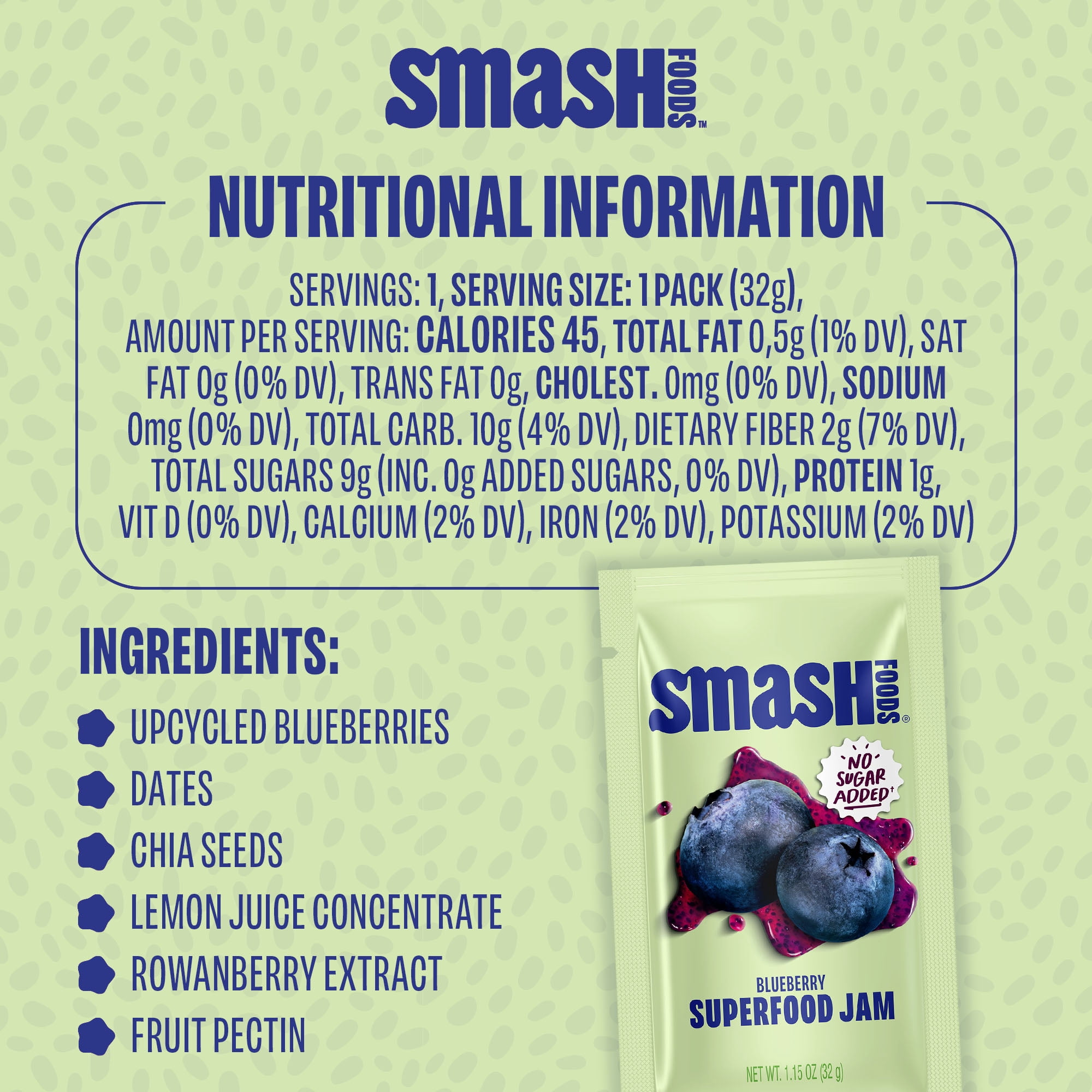 Smash Foods Blueberry Jam Packets, No Sugar Added, Keto, Vegan, 10 Count