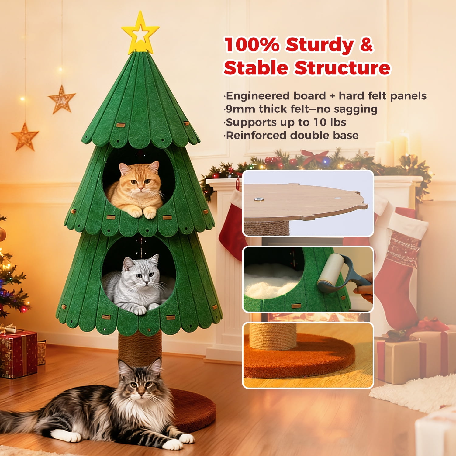 42.9" PEQULTI Christmas Cat Tree for Indoor Cats Cat Tower with 2 Cozy Houses Cat Furniture Green