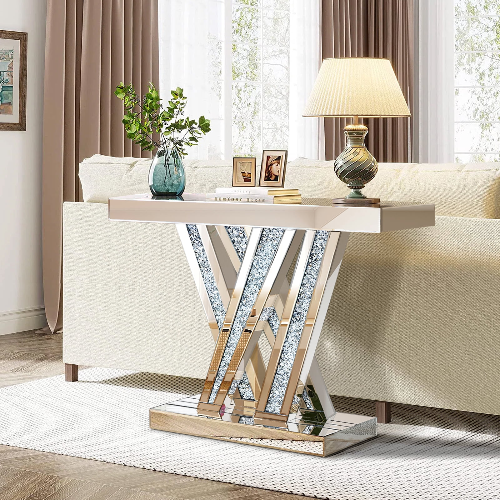 Modern Entryway Console Table with Crushed Diamond Inlay, 35" Silver Mirrored Glass Hallway Table for Entryway, Glam Decorative Sofa Tables for Living Room