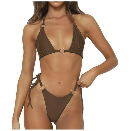 Swimsuits Women Solid Spaghetti Strap Brassiere with Thongs Split Bikinis Coffee Bathing Suits for Women XS