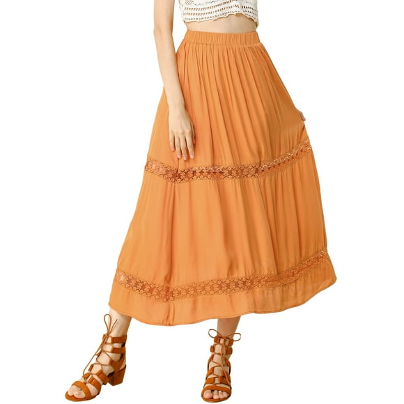 Unique Bargains Women's Long Skirts Elastic Waist Lace Insert A-Line Maxi Skirt