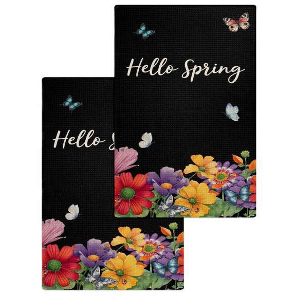 Spring Flowers Kitchen Dish Towels for Drying Dishes Set of 2, Watercolor Country Colorful Floral Black Waffle Weave Microfiber Hand Tea Bathroom Towels Quick Dry & Absorbent Towel 15.7x23.6