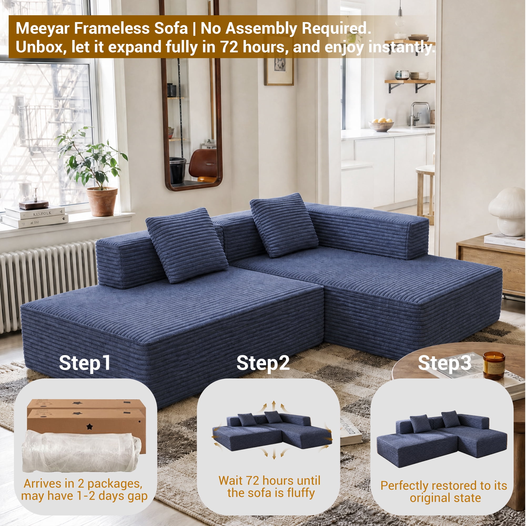 Meeyar 91" Boneless Modular Sectional Sofa with L Shaped Chaise, Cloud Couch for Living Room, Navy Blue