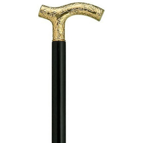 Walking Cane Lady's Gold Plastic Embossed Fritz shaped handle, black wood shaft, 36" long