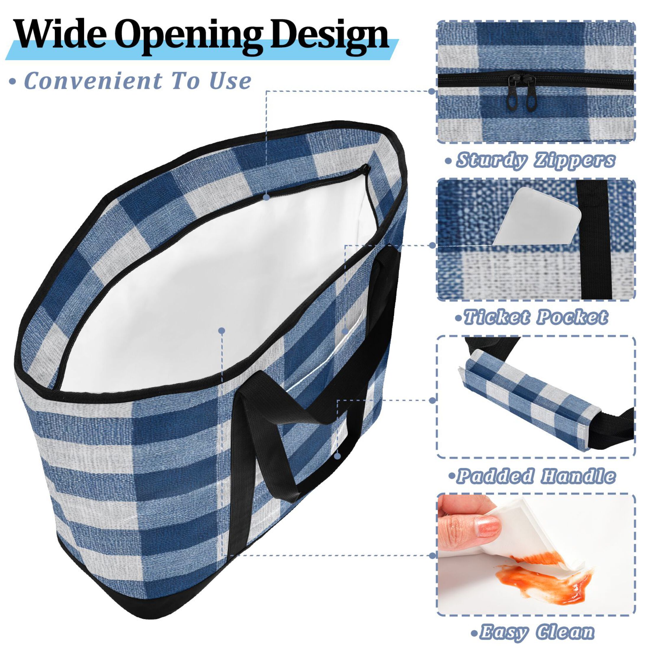Extra-Large Wide Opening Design Capacity Hand-Held Ice Pack Thickened Insulation Layer For Long-Lasting Cold Retention For Outdoor Shopping Picnics And Camping Gray-blue Checkered