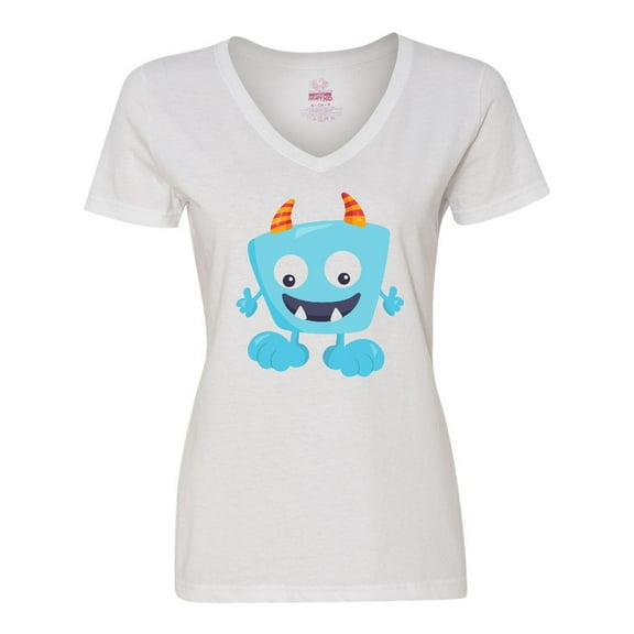 Inktastic Cute Monster, Little Monster, Blue Monster, Horns Women's V-Neck T-Shirt