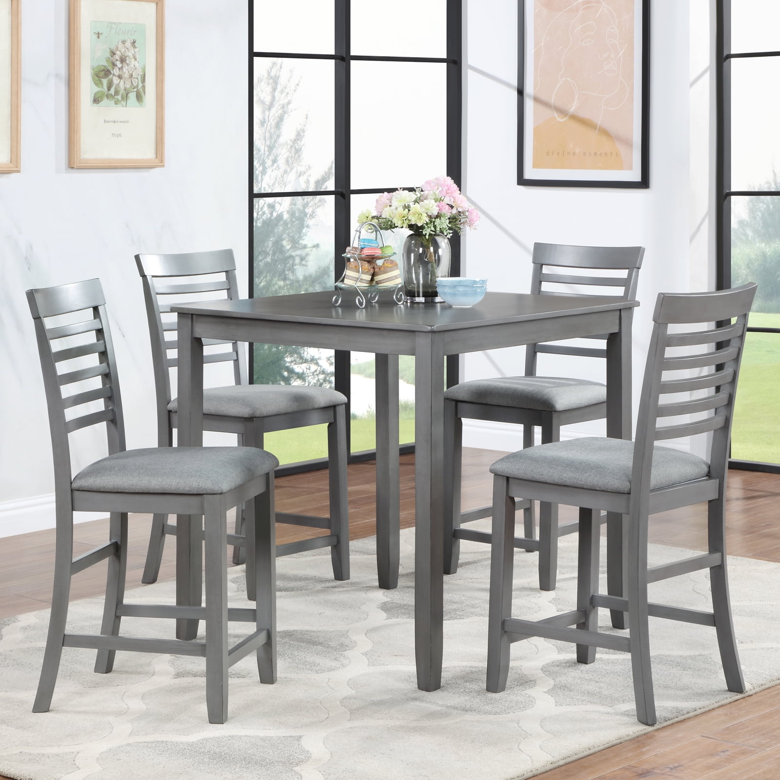 BSHTI 34.5" Solid Wood 5-Piece Counter Height Dining Table Set with Linen Upholstered Chairs, Ladder Back for Kitchen Dining Room（Gray）