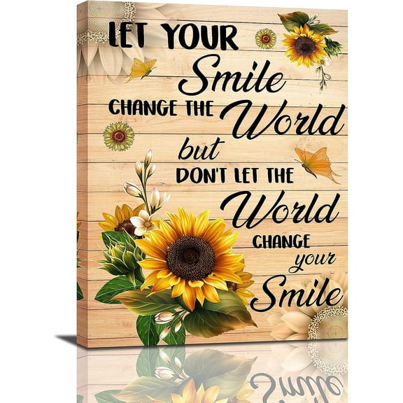 Rustic Wall Art Sunflower Butterfly Quetes Canvas Print Let Your Smile Change The World Country Flower Painting Inspirational Artworks Kitchen Home Decor For Bathroom Living Room Bedroom 12x16inch