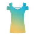 thumbnail image 4 of MORESEC Summer Holiday V Neck Tops For Women Cold Shoulder Ruffle Gradient Casual Tee Shirts Vacation Fashion Clothes, Green L, 4 of 5
