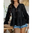 thumbnail image 4 of Women's Tie Front Peplum Blouses Puff Long Sleeve Babydoll Bow Shirts Hollow Out Eyelet Lace Tops, 4 of 7