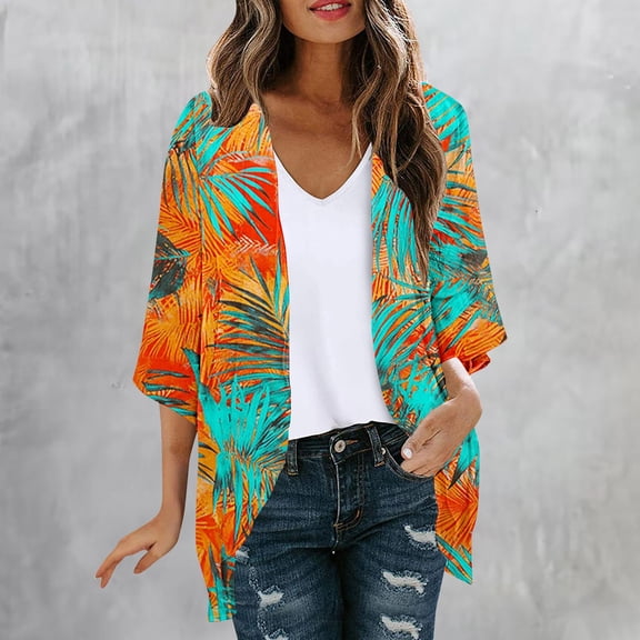 Aboser Summer Hawaiian Kimono Cardigans for Women Boho Tropical Tree Print Cover Up Loose Puff Sleeve Cardigans Lightweight Open Front Swimwear Tops