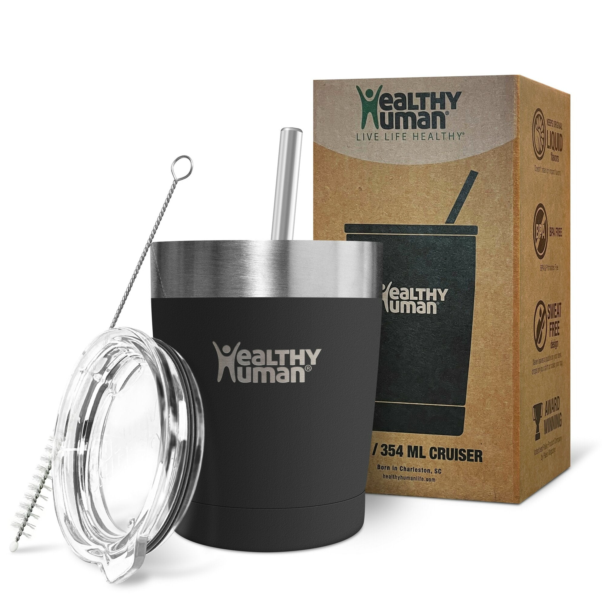 Healthy Human Stainless Steel Tumbler with Straw | Splash Proof Insulated Travel Cruiser Cup | Eco-Friendly Coffee Tumblers with Straws Cleaner & Splash Proof Lid (12oz, Pure Black)