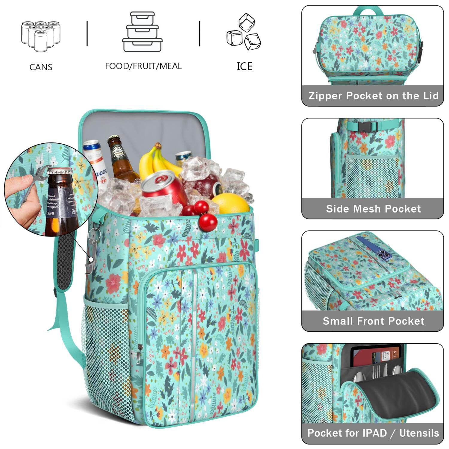 Travel Cooler Bag - Pioneer Flower Floral Print Pattern Camping Beer Cooler Backpack with Bottle Opener- Waterproof Insulated Picnic Backpacks - Cooler Bag for Beach