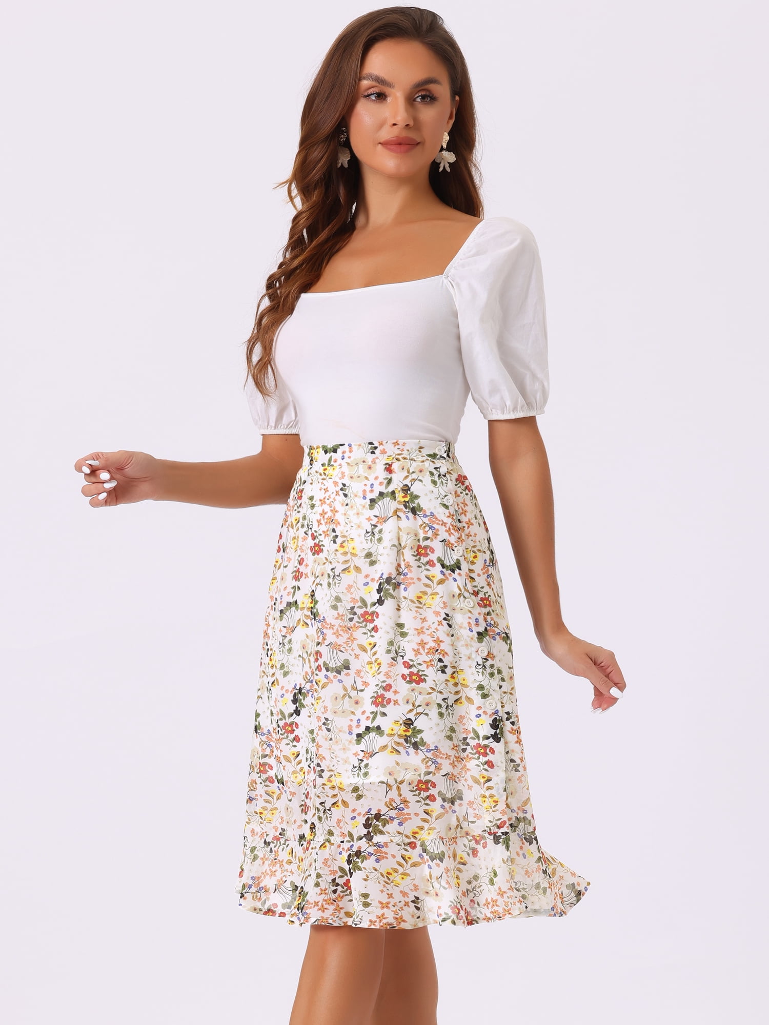 DARING DIVA Women's Floral Ruffle Hem Elastic Back Split Skirt M White