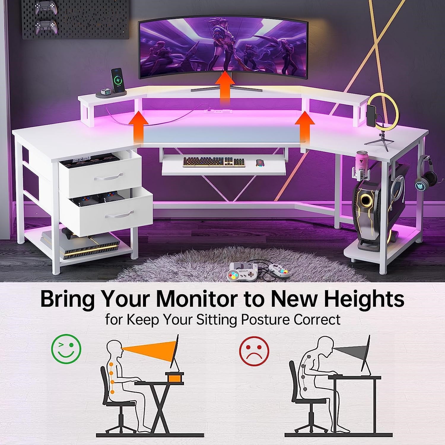 79" Gaming Desk, Computer Desk with 2 Fabric Drawers & LED Light, White Small Desk with Storage for Home Office, Carbon Fiber White