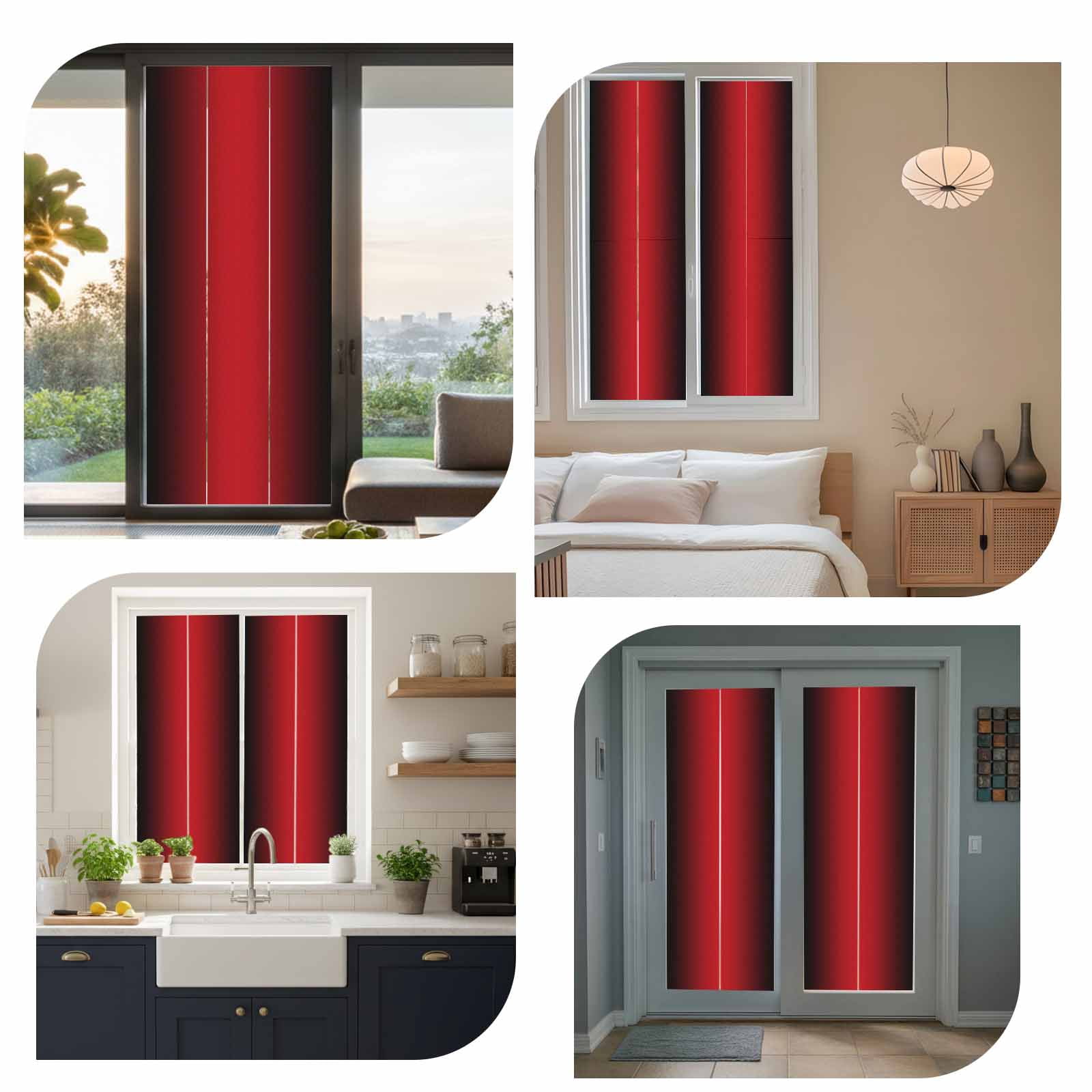 Gradient Red Black Window Privacy Film, Modern Abstract Minimalist Red Ocean Beach Frosted Glass Window Clings Static Cling UV Heat Blocking Reusable Door Sticker for Bathroom 29.5 x 118 Inch
