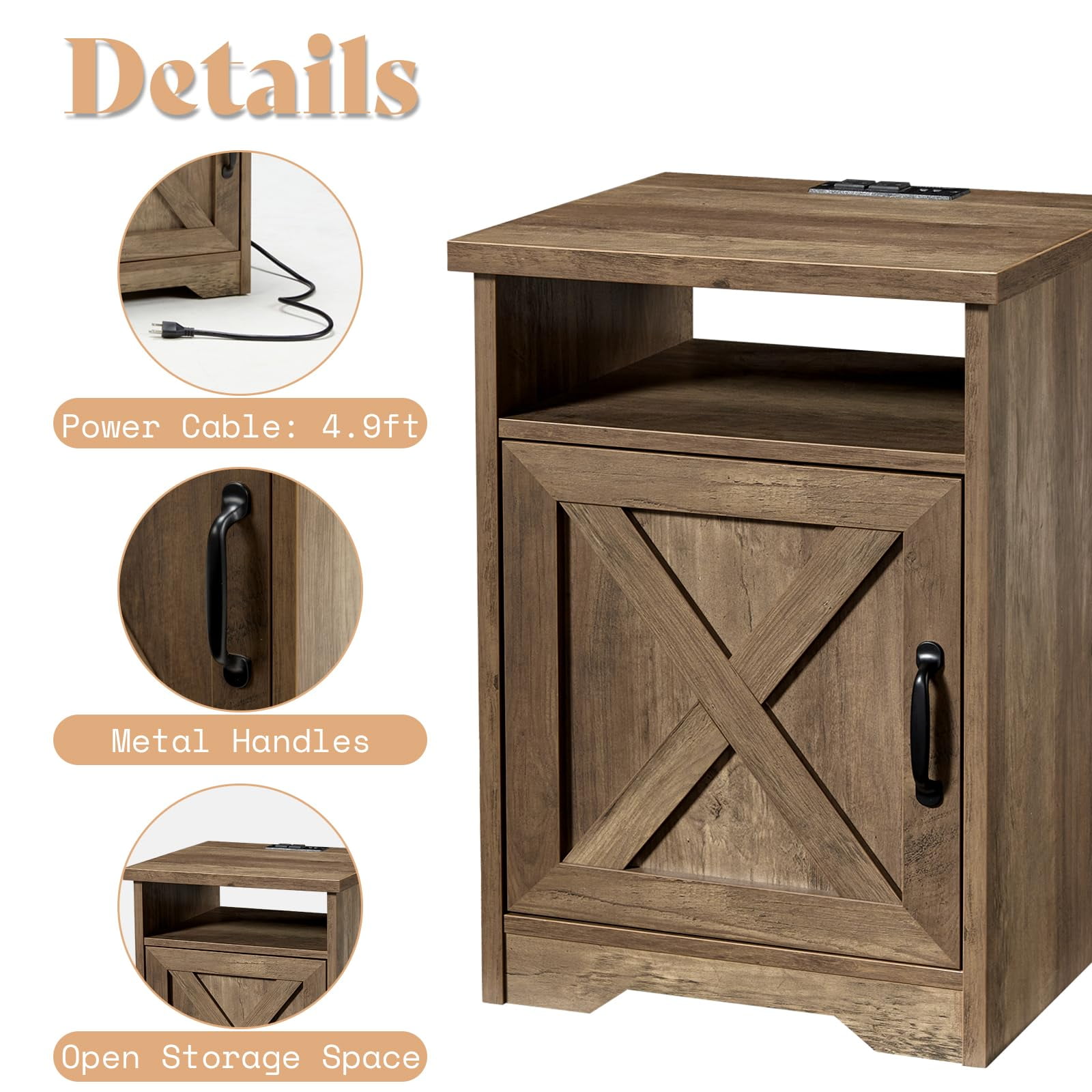 LUXOAK 3-Piece Farmhouse Table Set, Coffee Table & Two End Tables with Charging Station, Barnwood
