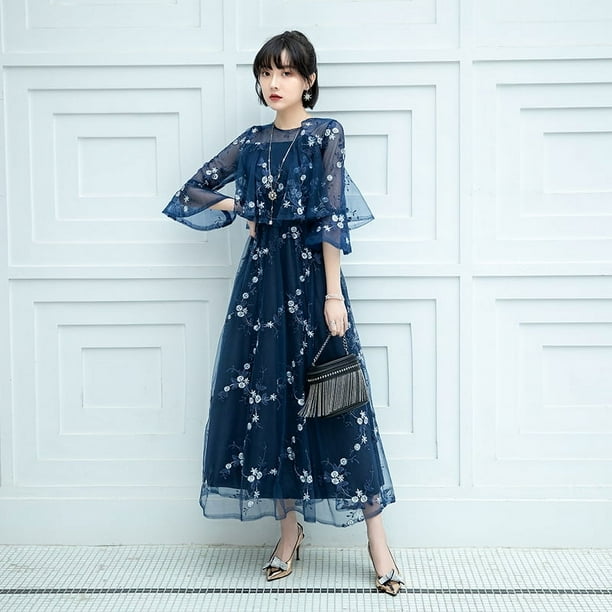 Vestido de encaje para mujer, elegante, de verano, con cintura ajustada, largo, multicolor, con mangas cubiertas por el vientre y falda