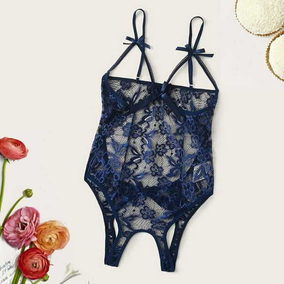 Sexy Lingerie for Women Bow Lace Hollow Open Crotch Bodysuit Backless Jumpsuit Lingerie