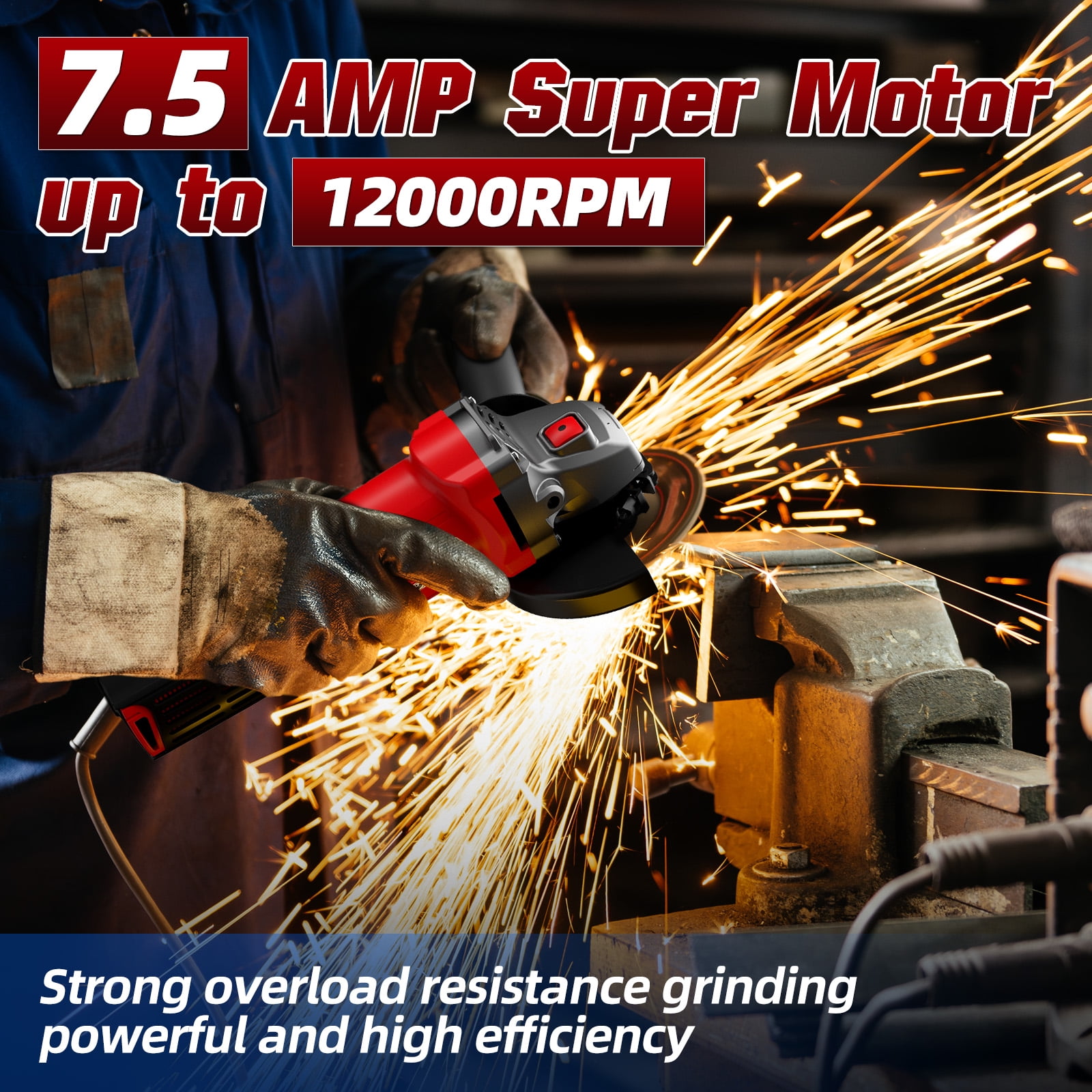 Angle Grinder, 7.5-Amp 4-1/2 inch Electric Grinder Power Tools 12000RPM with Safety Guards, 6-Piece Discs (3 Cutting/2 Metal Grinding/1 Flap Discs) for Cutting, Grinding, Polishing