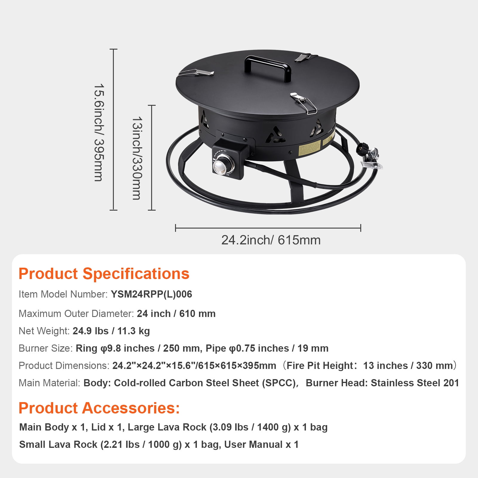 KFFKFF Gas Fire Pit, 24-Inch Round Outdoor Portable Propane Fire Pit with Protective Cover & Lava Stones, Modifiable Flame Intensity, Ideal for Warming, Illumination, Social Events,58,000 BTU,Black