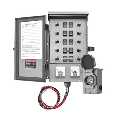 VEVOR Manual Transfer Switch, 30-Amp 10-Circuit, Prewired Generator Transfer Switch Kit with NEMA L14-30P Power Inlet Box, Double-Throw Switch, NEMA 3R, Mechanical Watt Meter, for 7500W Generators