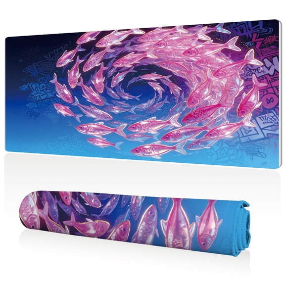 LIVEKEY Extra Large Mouse Pad 80x40x0.3cm Pink Fish Swirl Design Full Desk Coverage Non Slip Surface Durable Easy Clean Stitched Edges for Gaming and Office