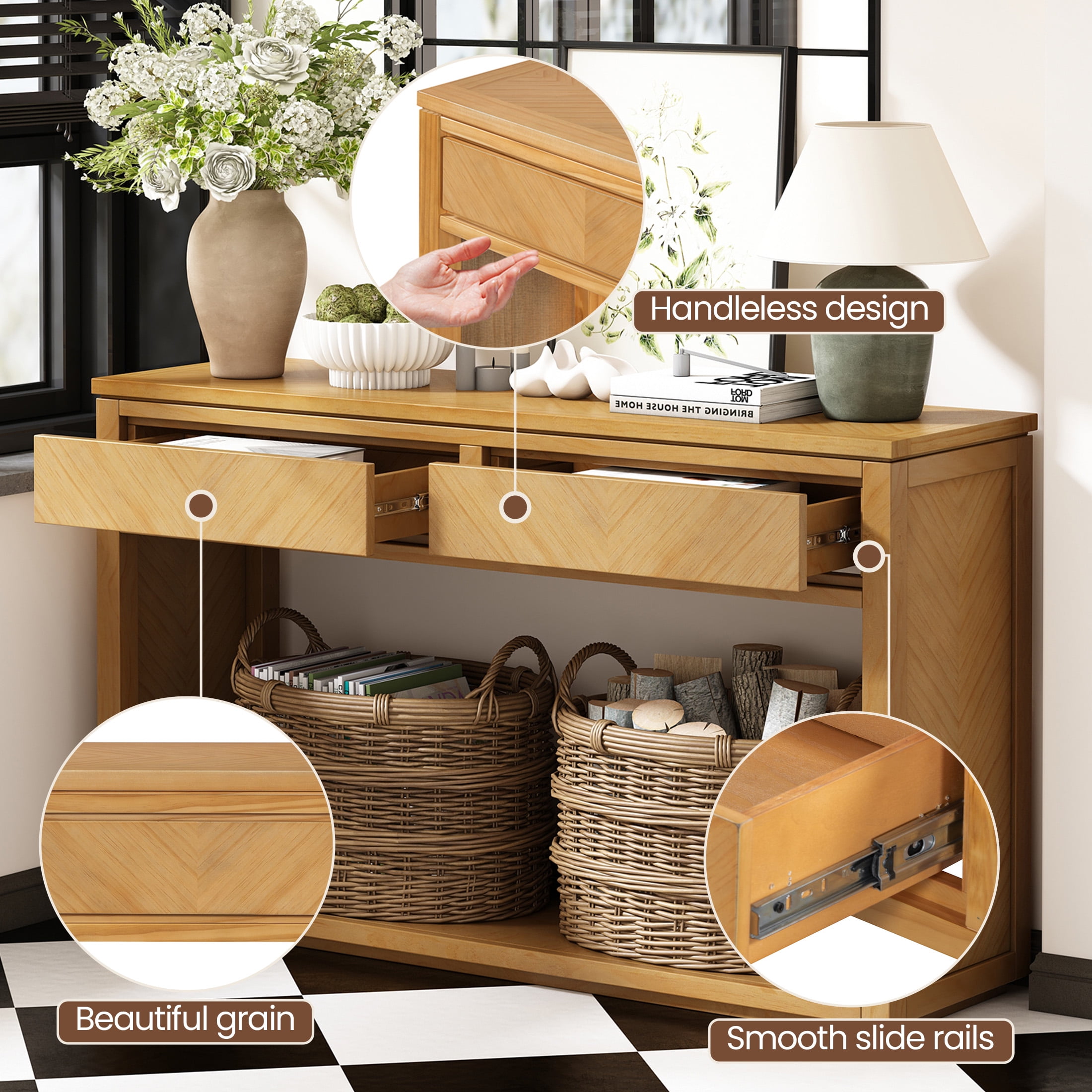 Aukfa 55" Console Table, Rustic Entryway Sofa Table with Storage Drawers and Open Shelf for Hallway and Living Room, Oak