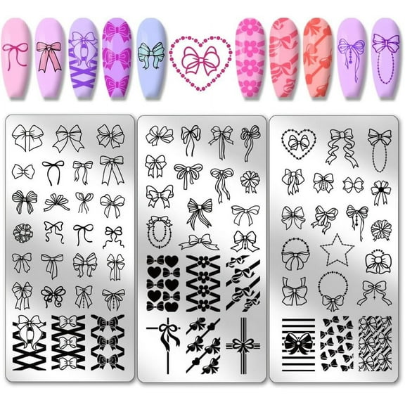 1 Set 66 Patterns Bow Nail Stamper 3pcs Nail Stamping Plate Cute Bowknot Nail Art Stencils Print Nail Stencils Stainless Steel Nail Plates for Nail Design Print Manicure Salon