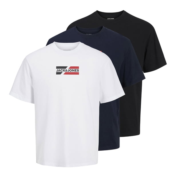 JACK&JONES Camiseta para hombre, paquete de 3 - JJECORP GRAPHIC TEE SS 3PK, manga corta, algodón Negro/Azul oscuro/Blanco M (Medium)