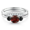 thumbnail image 3 of Gem Stone King 10K White Gold Red Garnet Black Onyx and Lab Grown Diamond 3 Stone Bridal Engagement Wedding Ring Set for Women (1.14 Cttw, 5MM and 3MM Cushion Cut, Size 6), 3 of 6