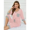 thumbnail image 6 of SHOWMALL Women Lounge Sets Pink L 3/4 Sleeves V-Neck Tops and Loose Capri Pants Comfy Pajama Set, 6 of 8