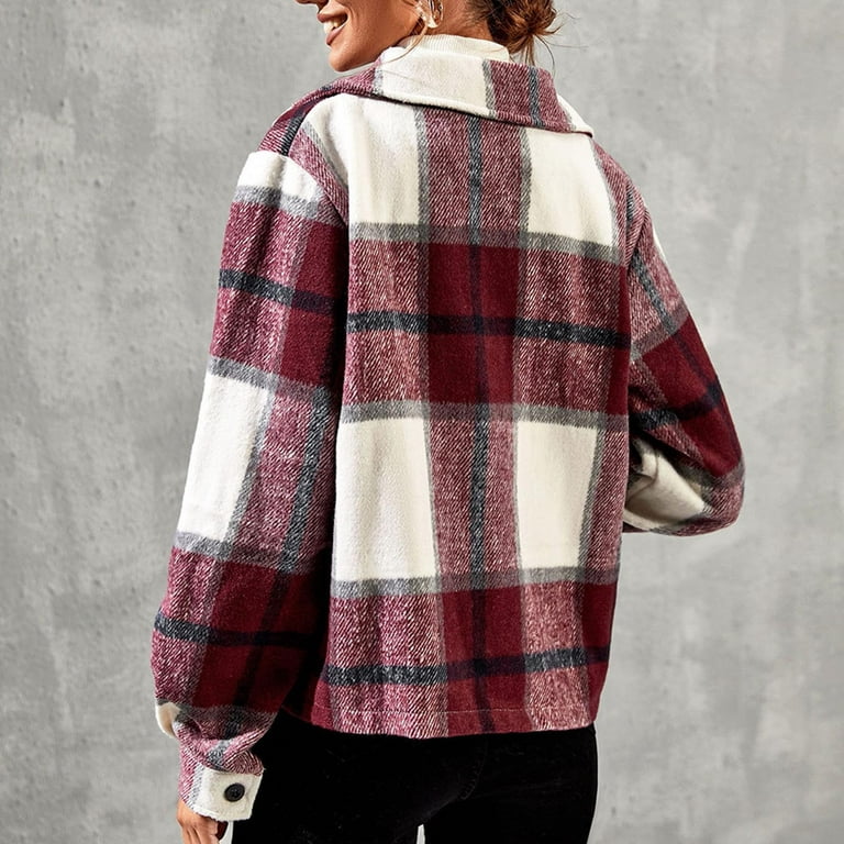 Amidoa Women's Lapel Plaid Cropped Flannel Shacket Jacket