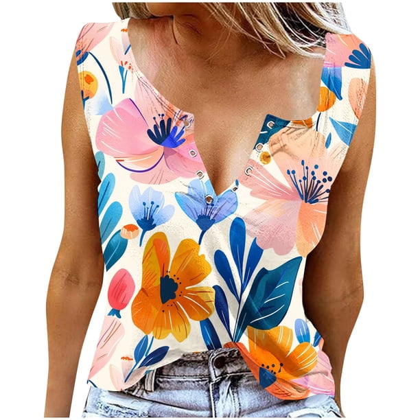 Camisetas para Mujeres Flores Plantas Impresión Suelta Cuello Redondo Top sin Mangas, Camisetas de Verano para Mujeres
