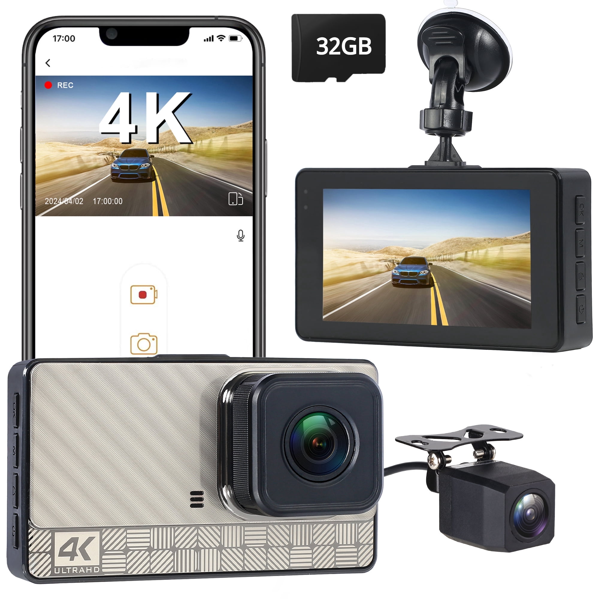 JH Auto 4K Front and 2K Rear Dash Camera 3 in Screen 32GB Card Included 170 Degree Wide Angle Wi-Fi Night Vision WDR HDR Parking Monitor