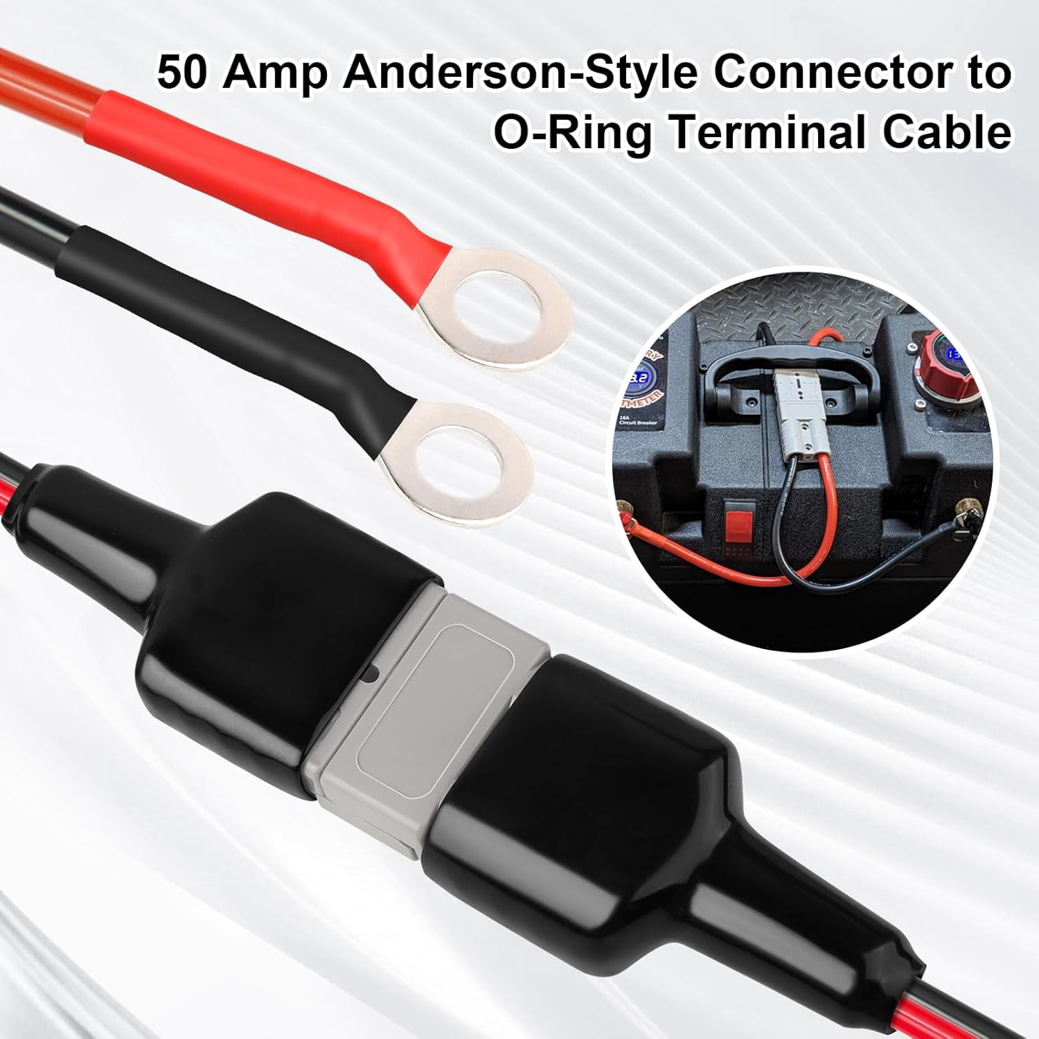 CoolStuff 8AWG Battery Quick Connect Cable 2FT, 50 Amp Anderson-Style Connector to O-Ring Terminal, for Solar, RV, EV, and Backup Power Systems