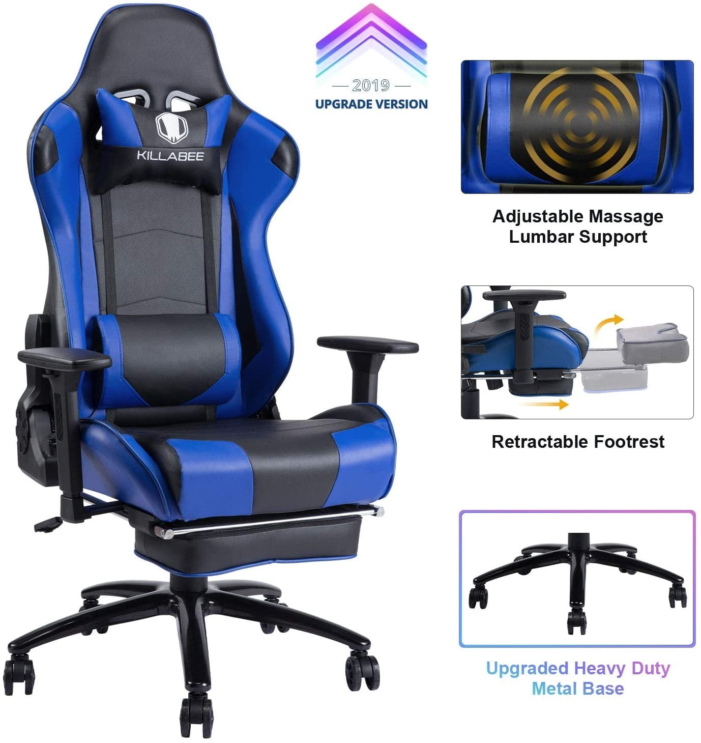 KBEST Big and Tall 350lb Massage Gaming Chair - Heavy Duty Metal Base,  Adjustable Back Angle and 3D Arms Large High-Back Leather & Fabric E-Sports