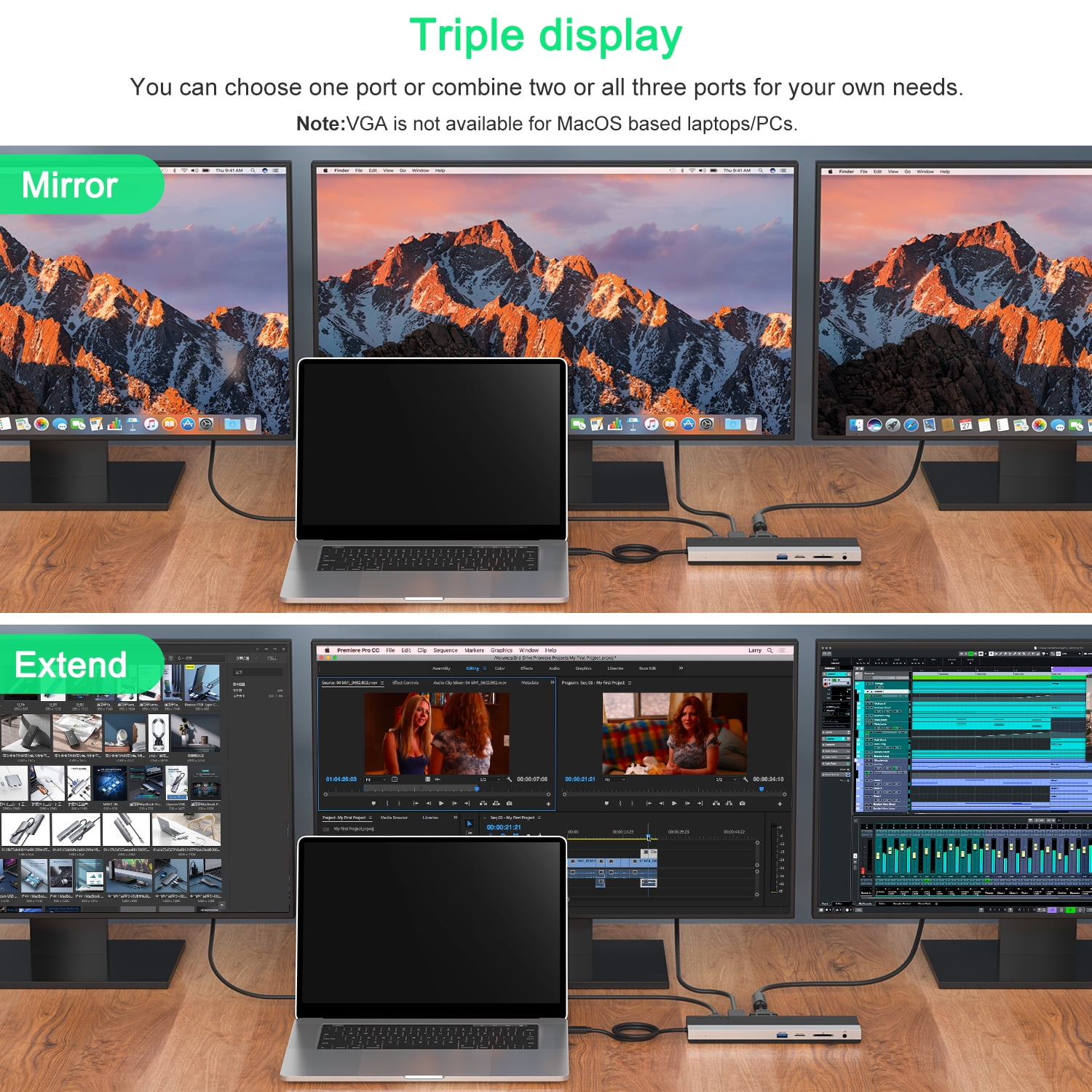 Wavlink USB C 12-in-1 Triple Display Type-C Hub Docking Station with HDMI DP and VGA, 100W PD3.0 Charging, Ethernet and USB Ports