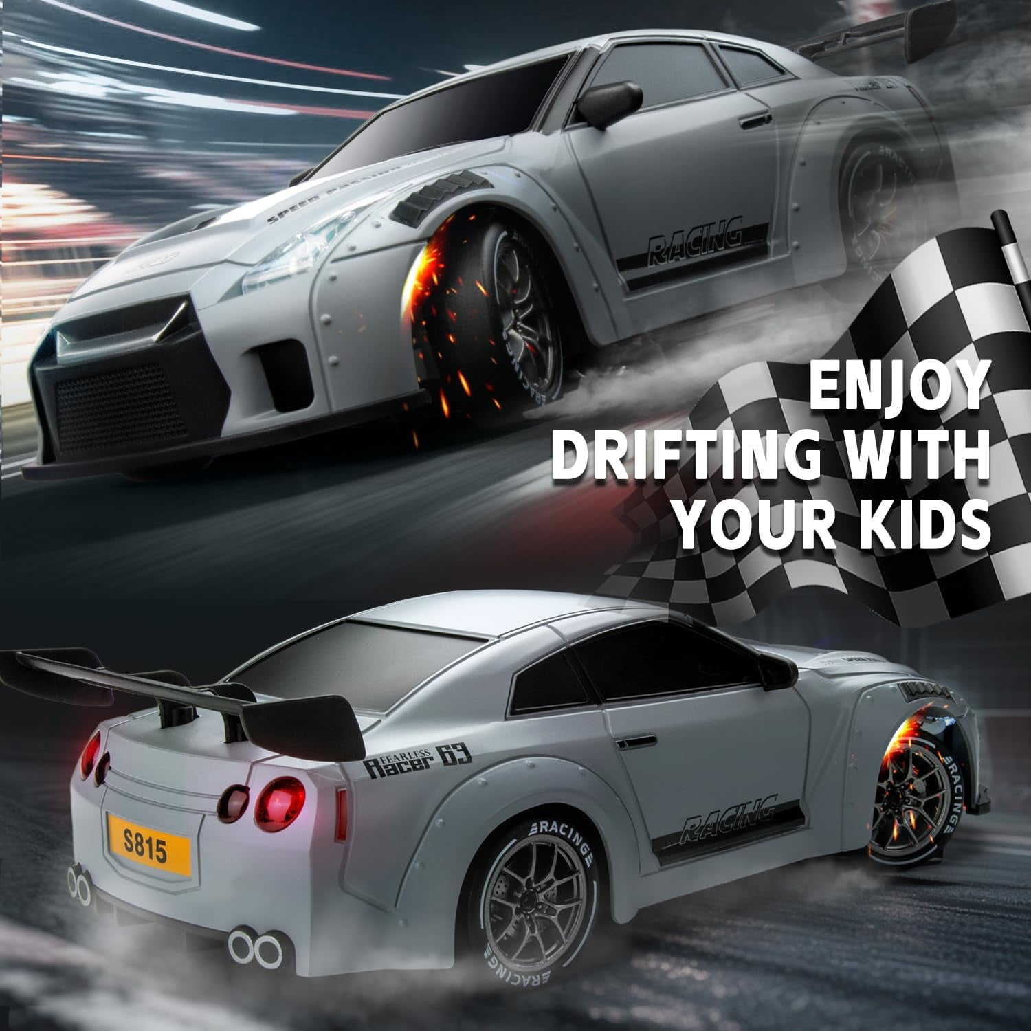 Track Seven RC Drift Car, 1:24 Scale Remote Control Vehicle with LED Lights, 2.4GHz 20KM/H 4WD High Speed RC Cars, Drifting Tires＆Two Batteries, Racing Sports Toy Idea Gift for Adults Boys Girls