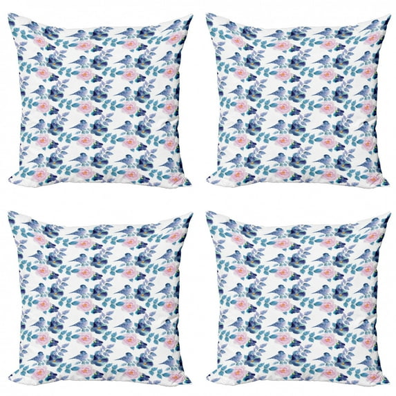 Floral Throw Pillow Cushion Case Pack of 4, Watercolor Birds Blooming Petals and Foliage Colorful Coming of the Spring Image, Modern Accent Double-Sided Print, 4 Sizes, Multicolor, by Ambesonne