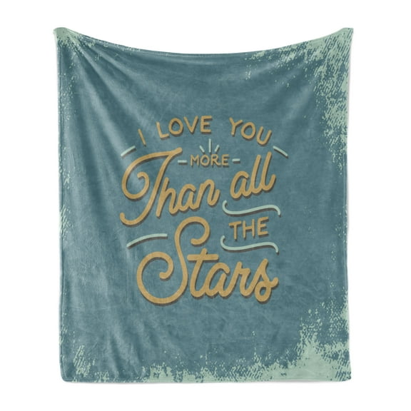 I Love You More Soft Flannel Fleece Blanket, Vintage Letters and Grunge Look with Romantic Saying Love Affection, Cozy Plush for Indoor and Outdoor Use, 70" x 90", Slate Blue Amber, by Ambesonne