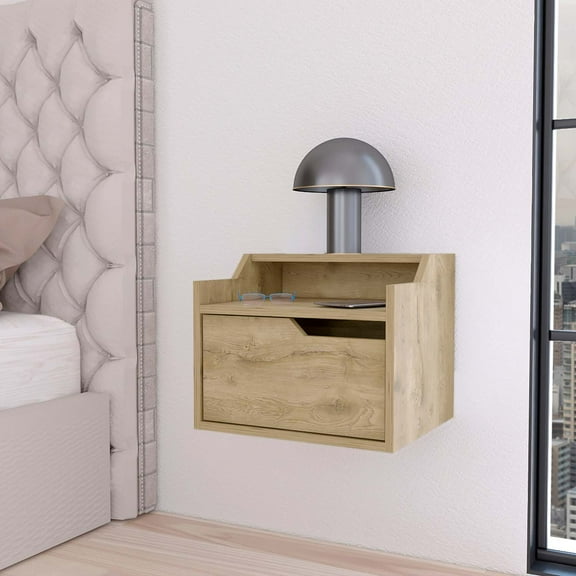 FM FURNITURE Florence Floating Nightstand with Drawer and Dual-Shelf Display