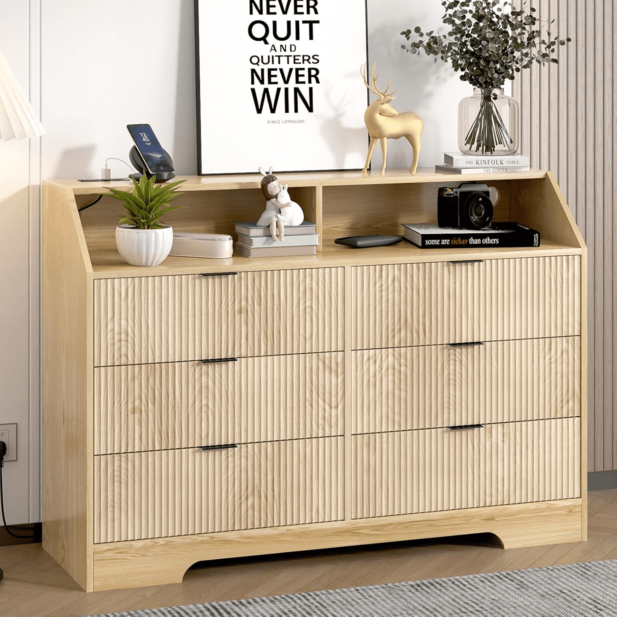 Oubayajia Modern 6 Drawer Dresser, Wood Chest of Drawers with Power Outlet for Living Room Bedroom
