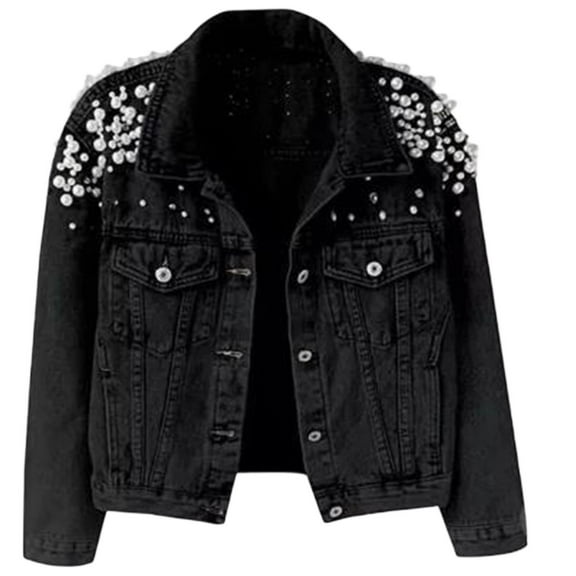 TKLPEHG Women's Jean Jacket Embroidered Long Sleeve Short Denim Jacket Casual Comfy Denim Coat (Black,S)
