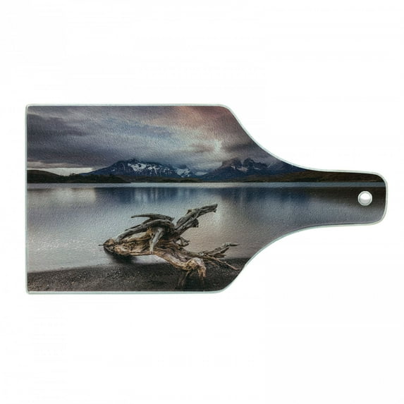 Driftwood Cutting Board, Driftwood on the Coast with Reflection of the Mountains in the Lake Digital Image, Tempered Glass Cutting and Serving Board, Wine Bottle Shape, Redwood, by Ambesonne