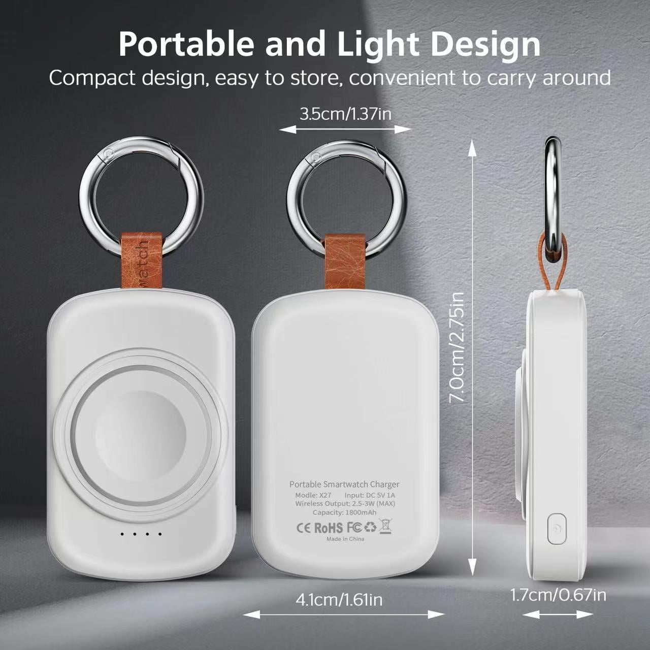 MYXON 1800mAh Portable Wireless Watch Charger for Apple Watch, Keychain Design, Type-C Cable, USB Powered