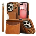 thumbnail image 7 of for iPhone 12 Pro Max Wallet Case with Card Slots, Hand Wrist Strap Rotate Ring Design, Finger Grip Ring PU Leather Magnetic Button Shockproof Purse Phone Cover for iPhone 12 Pro Max, Brown, 7 of 7