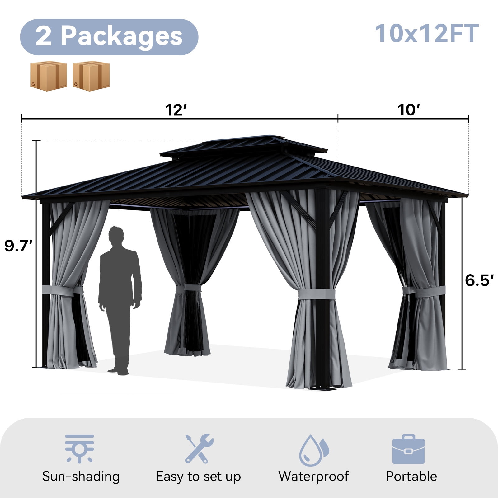 Bapipro 12'x10' Hardtop Gazebo, Aluminum Frame Permanent Pavilion with Curtains and Netting, Outdoor Metal Double Roof Canopy, Designed for Garden, Lawns, Patio, Gray