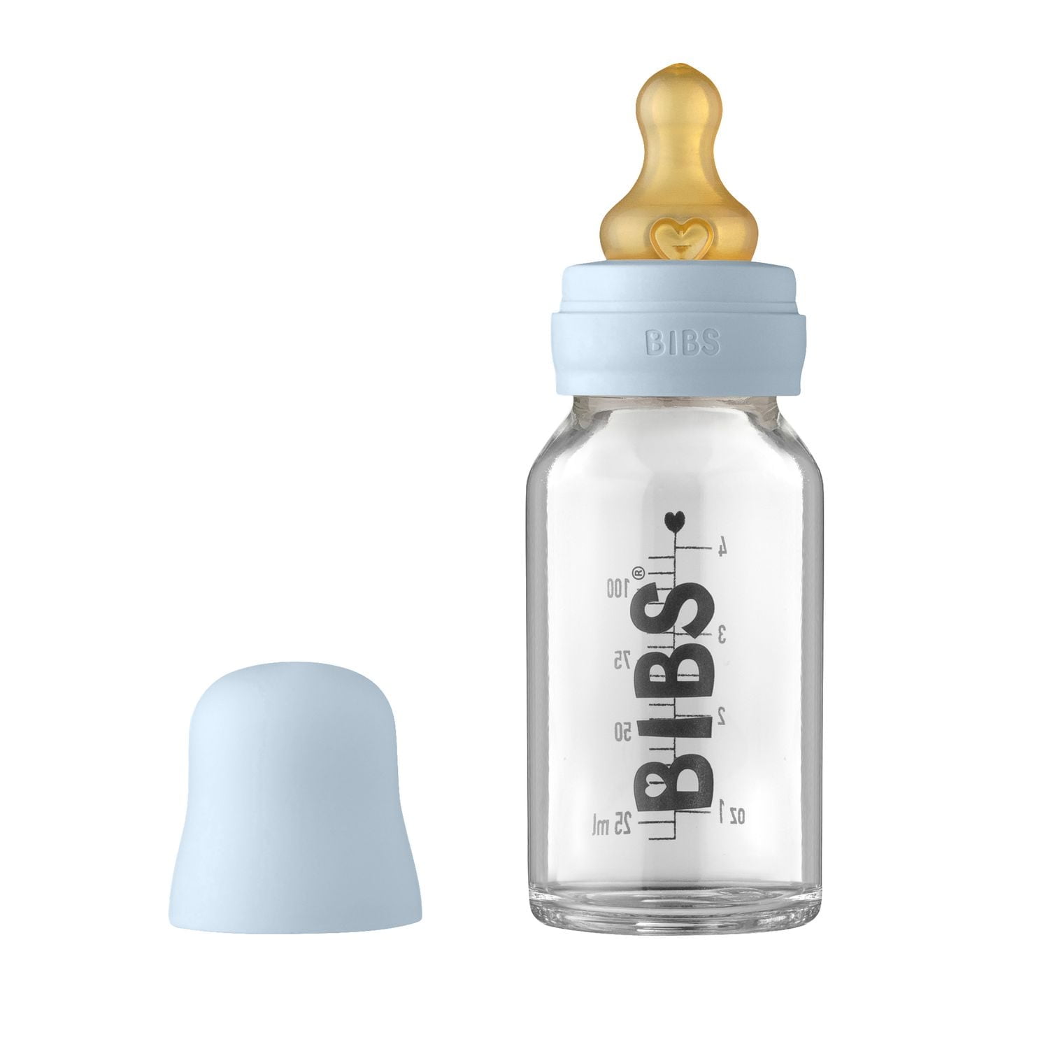 BIBS Baby Glass Bottle. Anti-Colic. Round Natural Rubber Latex Nipple. Supports Natural Breastfeeding, Baby Blue, 110 mL