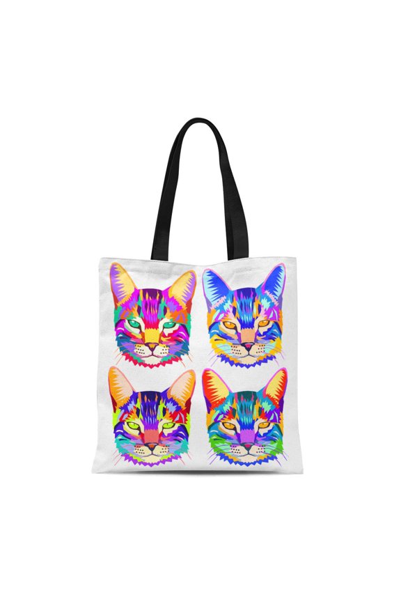 Canvas Tote Bag Colorful of Pop Cats Geometric Portrait to Reusable Shoulder Grocery Shopping Bags Handbag